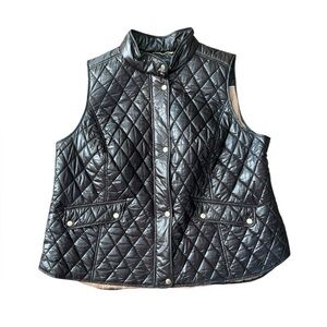 Talbots Quilted Puffer Vest Dark Brown Gold Buttons Nylon Chic Warm Staple 3X